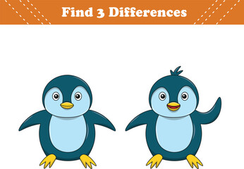 Education game for children find three differences between two penguin cartoon. Vector illustration