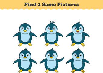 Funny cartoon penguin. Find two same pictures. Educational game for children. Cartoon vector illustration
