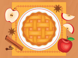 Lattice apple pie on a plate top view vector illustration. Round sweet pie, apples, cinnamon and spices on a wooden table above view vector. Whole latticed apple pie on the table drawing
