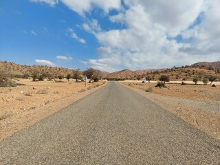 Panoramic view of a road through the Argan forest in Morocco. In the background, there is a clear blue sky and the Anti-Atlas Mountains covered with Argan trees.