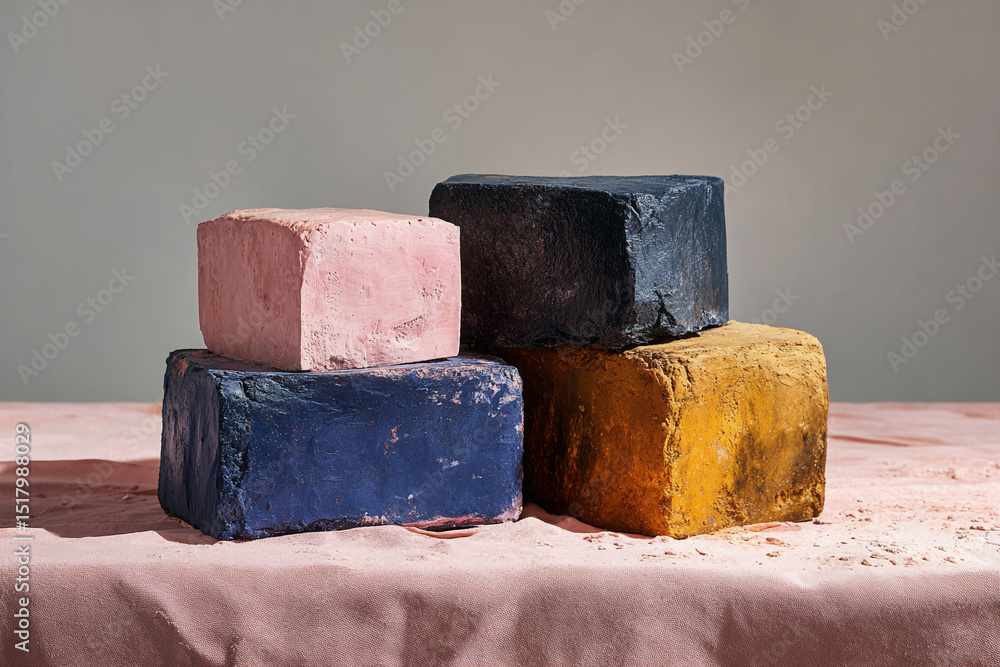 Poster Stacked colored blocks on pink fabric, creating a minimalist product display scene Mockup for advertisement or branding