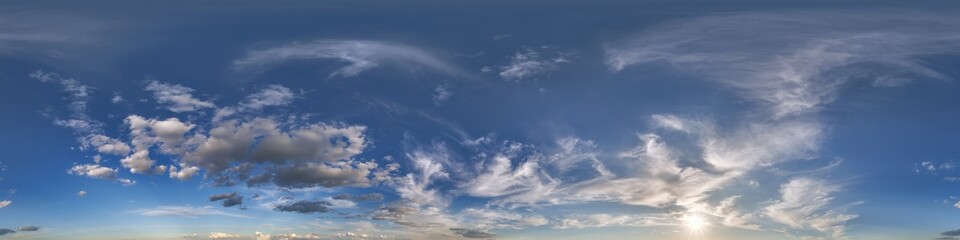 Seamless cloudy blue sky hdri panorama 360 degrees angle view with zenith and beautiful clouds for use in 3d graphics or game development as sky dome or edit drone shot