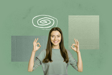 Art image full 3d photo collage of happy guy girl stand hypnosis doodle fake news propaganda...