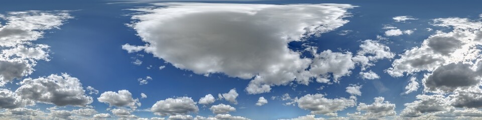 Seamless cloudy blue sky hdri panorama 360 degrees angle view with zenith and beautiful clouds for use in 3d graphics or game development as sky dome or edit drone shot