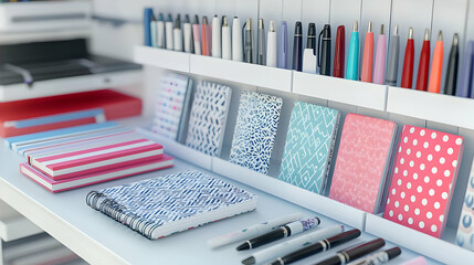 Organized Stationery Display On White Shelves