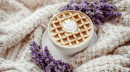 Warm coffee in winter with a knitted blanket and sprigs of lavender flowers
