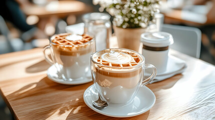 Delicate Coffee Creations in Transparent Glassware on a Wooden Cafe Table