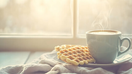 Warm embrace of breakfast: Steaming coffee and golden waffles by the window