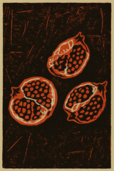 Pomegranate Trio &ndash; Linocut Style, AI Enhanced Food Illustration
