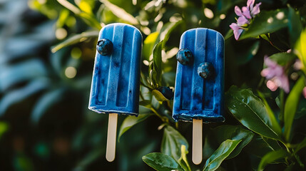 Refreshing blueberry popsicles amidst vibrant foliage in the summer sunshine