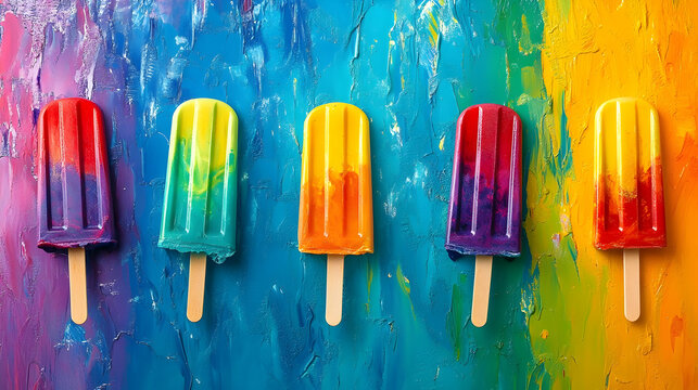 Vibrant popsicles arrayed against an expressive painterly multicolored backdrop