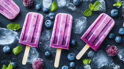 Fresh berry popsicles surrounded by blueberries, raspberries, mint, and ice chunks
