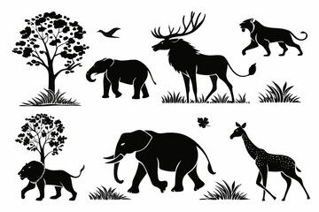 African safari animals silhouette set