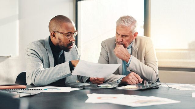 Finance, meeting or business people with paperwork for planning for teamwork, contract or budget. Mature manager, document or financial advisor reading for accounting project, info or risk management