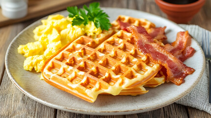 Savory Delight: Golden Waffles, Crispy Bacon, and Fluffy Scrambled Eggs on Rustic Table