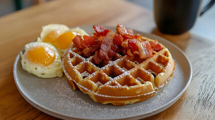 Delicious breakfast presentation of waffles topped with crispy bacon and eggs