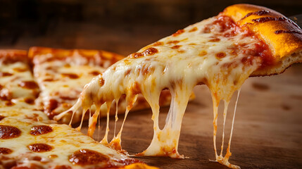 A delectable view of pizza slice with melting cheese pulling away beautifully