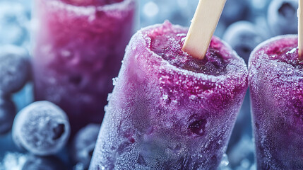 Delightful frozen blueberry popsicles on ice, a refreshing summertime treat