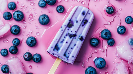 Refreshing blueberry popsicle amidst fresh blueberries on a pastel background