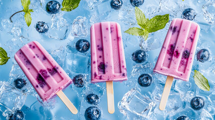 Refreshing blueberry popsicles amidst glistening ice cubes and vibrant mint leaves