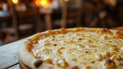 Delectable cheesy pizza presented on a rustic wooden table, warm ambience