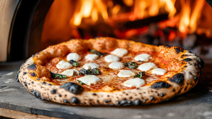 Authentic neapolitan pizza with fire-kissed crust, fresh basil and creamy mozzarella