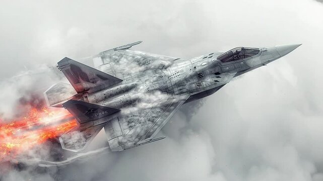 Powerful Jet Fighter Soaring Through the Clouds Leaving Fiery Jet Stream