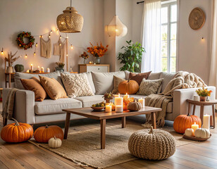 Cozy Thanksgiving Living Room – Living room with autumn-themed decor and candles. Great for interior design, seasonal ads, and holiday inspiration.