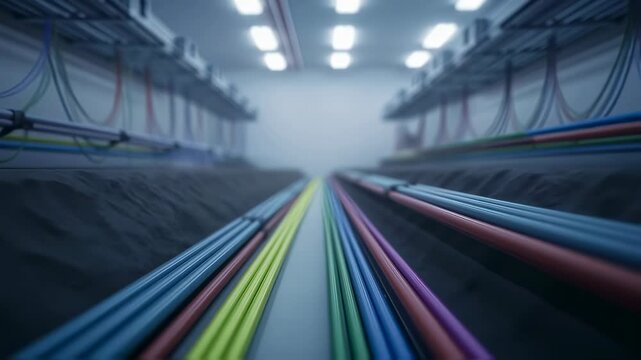 Underground trench with various colorful electric cables and wires bundled together for installation and maintenance concept footage.