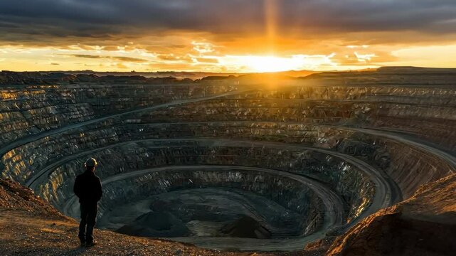 Lone figure surveys vast, sun-drenched quarry at sunset, layered rock faces descending into deep, dark pit
