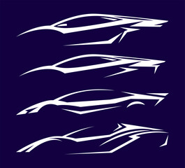 Futuristic dynamic sports car silhouettes set in white lines on dark background for automotive logo or design elements.