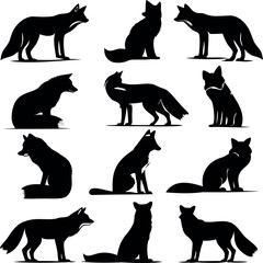 Silhouetted Foxes Illustration Featuring Multiple Poses and Angles of the Animal