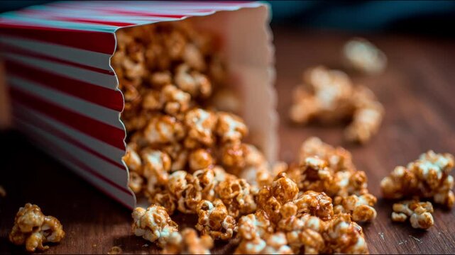 Sweet caramel popcorn overflowing from a vintage popcorn box.