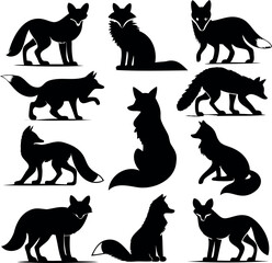 A collection of elegant fox silhouettes in various poses and positions