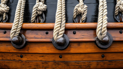 Nautical Rigging on Antique Wooden Vessel Featuring Twisted Ropes and Ironwork