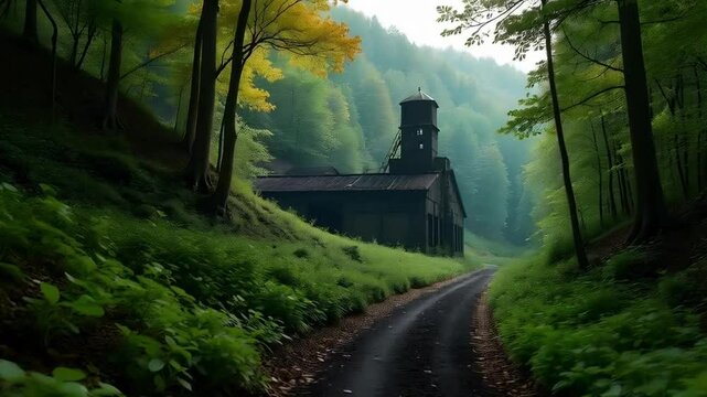 A lush green forest slowly encroaching upon an abandoned coal mine in autumn, vibrant foliage contrasting with the dark, decaying structures, symbolizing the energy crisis