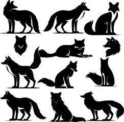 Silhouette Collection of Foxes in Various Poses on a White Background