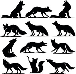 Silhouette Collection of Foxes in Various Poses Against a White Background