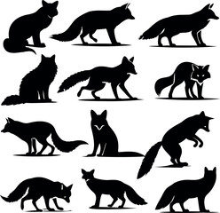 Various black silhouette illustrations showcasing different poses of foxes in vector format