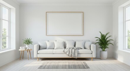 Blank Wooden Frame Mockup in Bright Minimalist Living Room