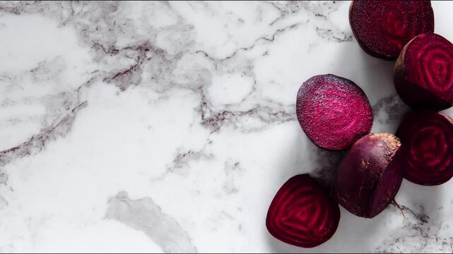 Close-up shot of fresh beetroot halves on a marble surface.