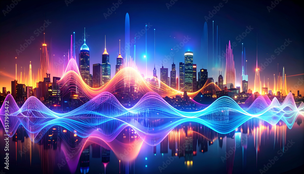 Poster futuristic cityscape voice search algorithms processing natural language queries