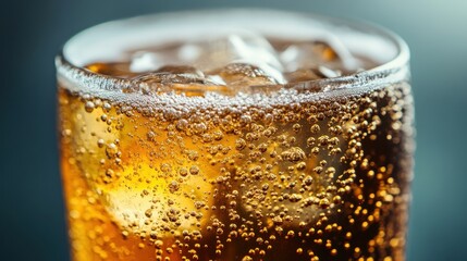 Close-up of a glass filled with bubbly cola and ice, golden brown color. It can be used for refreshment ads, beverage marketing, or soda promotions.