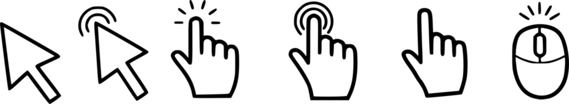 Computer mouse click cursor isolated on transparent. Cursors icons click set. Cursor set in hand, arrow and mouse forms, hand pointer.

