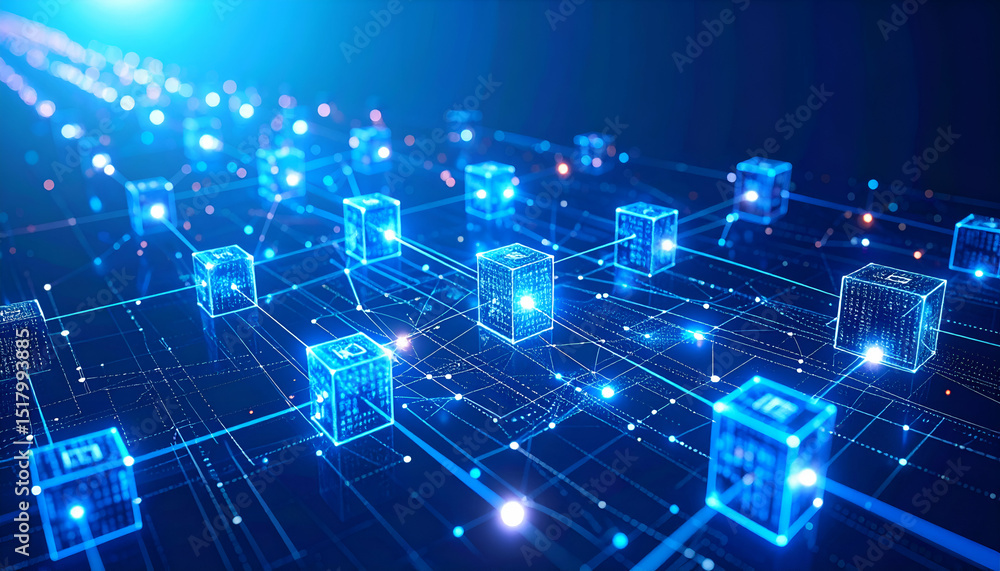 Poster transparent ad supply chain visualizing blockchain technology with data cubes