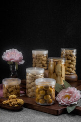 cookies in the jars group shoot with dark photography concept, good lighting and composition 
