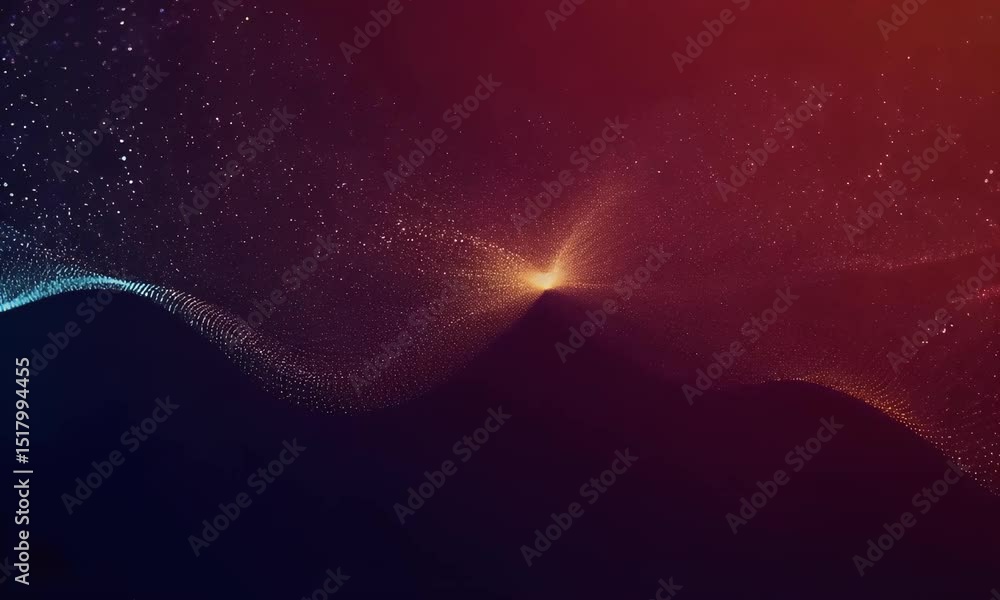 Poster futuristic digital wave made of glowing blue particles flows across a dark red background, represent
