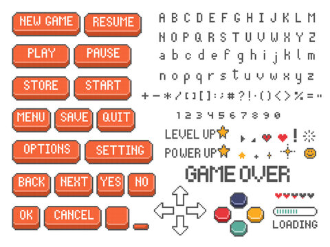 collection set of retro 8bit pixel art ui game button icon, flat design vector illustration