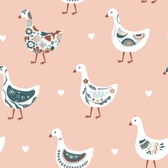 Cute abstract painted cartoon geese seamless pattern. Doodle patterned goose collection. Rustic, nursery, folk, or Scandinavian style. Vector background.