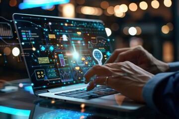 Businessman using laptop to access artificial intelligence, Ai, closeup shot